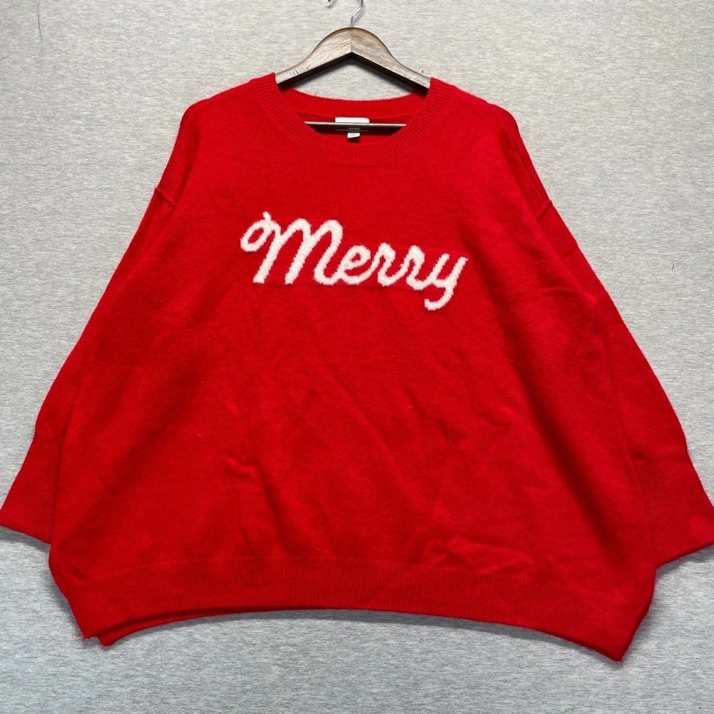 CeCe Merry Script Cozy Sweater Womens 1X Red Acrylic Side Slit Logo Ribbed Trim